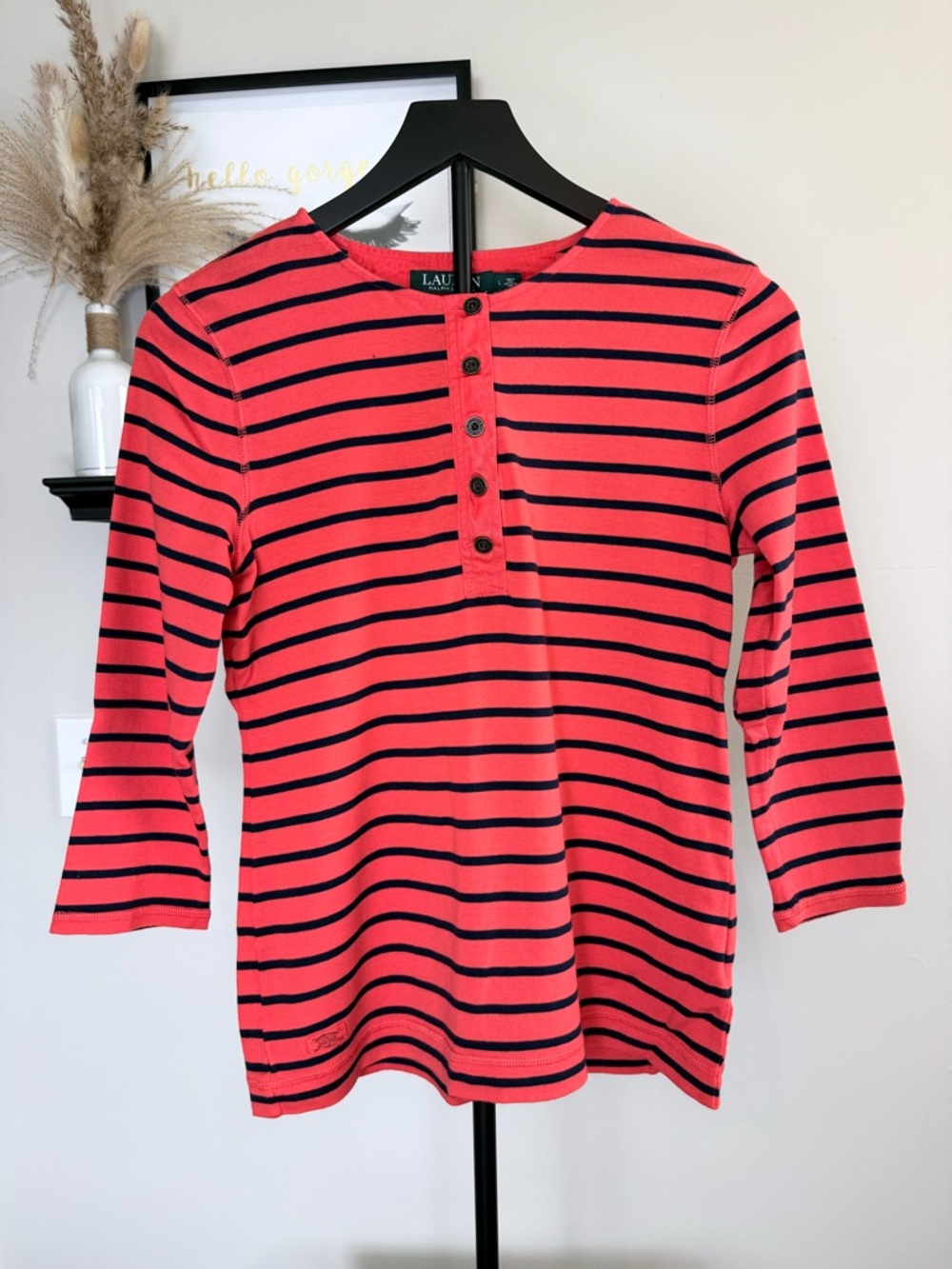 Lauren Ralph Lauren Orange & Black Striped Button Henley Top